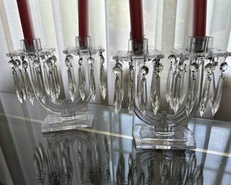 Pair of Art Deco Style Clear Glass Double Arm Candle Holders with Prisms