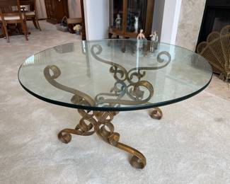 Hollywood Regency Circular Glass Top Coffee Table with Scrolled Base