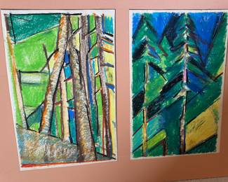 Pair of Abstract Forest Landscapes – Oil Pastel on Paper, Signed Moran