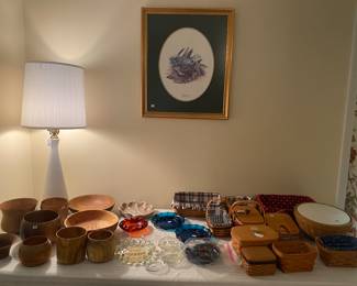 Handmade wood bowls (not for food), Longaberger baskets, vintage ashtrays