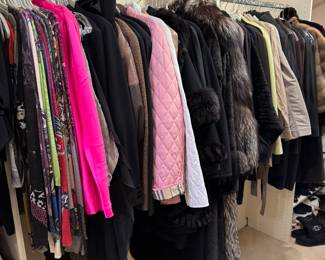 Ladies Outwear include Burberry, MaxMara, Alberto Biani, Emanuelle Khanh, Apostrophe, Sherry Cassin, Pierre Balmain, Georges Rech, and Emanuel Ungaro.