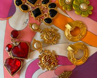 Earrings by Karl Lagerfeld, Sonia Rykiel, Jacky de G, Edouard Ramboud Paris, and a Alexis Lahellec Brooch