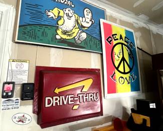 Original Summer of Love Peace Poster. In'n'Out drivethrough sign. Original Robert Crumb Mr. Natural poster.