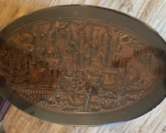 Antique Chinese wood carved tea table with all of its original chairs, also carved