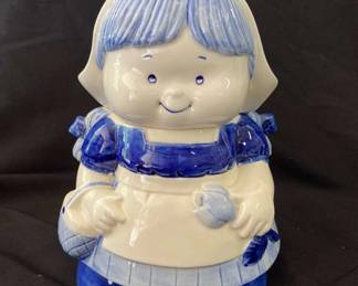 Delft Blue Dutch Girl With Tulip Cookie Jar