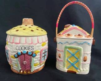 Hand Painted Nasco School House And Basket With Bamboo Handle Cookie Jars