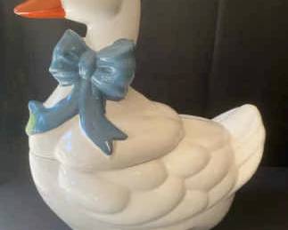 Vintage 1980s White Duck With Blue Bow Cookie Jar