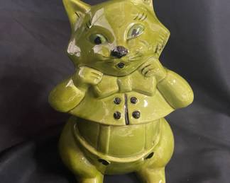 Retro 1950s Avocado Green Fancy Cat Cookie Jar