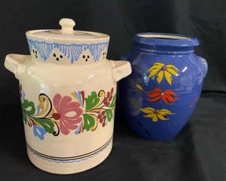 Signed Hungarian Crock Ceramic Cookie Jar And USA Made Blue Jar