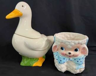 Metlox Goose Cookie Jar With Baby Lamb Jar Missing Lid