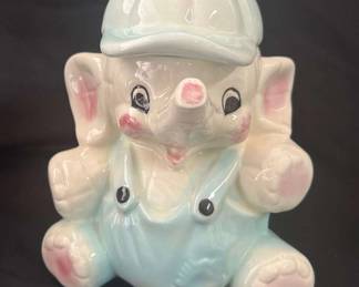 Vintage Baby Elephant In Overalls Cookie Jar