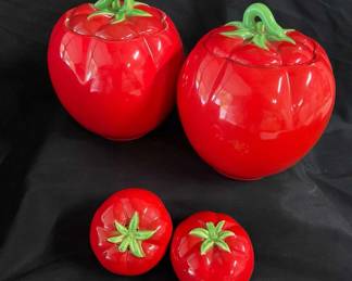 1940s Pantry Parade Tomato Cookie Jars With Salt And Pepper Shakers