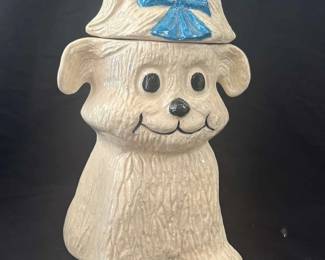 White Puppy Dog With Blue Bow Ceramic Cookie Jar