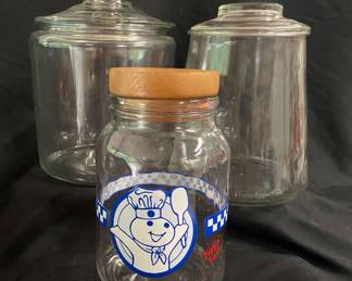 Pillsbury Dough Boy Glass Cookie Jar With Wood Top And Two Larger Glass Jars