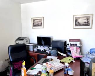 another Hon office desk w/ corner , computer, printers, wall arts