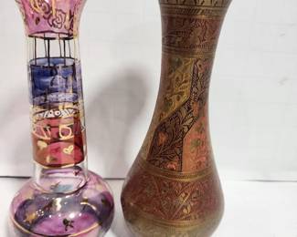 SIGNED GLASS BOTTLE AND BRASS VASE