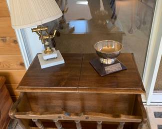 Maple side table with magazine storage and split flip top storage bins