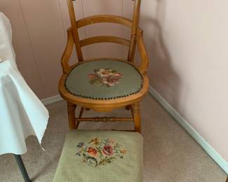 Side chair and footstool - vintage floral needlepoint