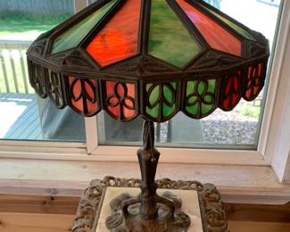 Antique heavy brass and stained glass lamp…two bulbs two chains - works great