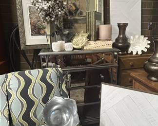 MIrrored chest of drawers, framed art, moderne comfy chair, and more!