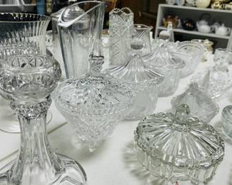 Lovely glass pieces - vases, candy dishes, carafes, and decanters