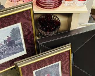 "Vintage Tiffin Kings Crown Thumbprint Ruby Red" 35-piece glass set on top shelf, more framed art, and many glass pieces