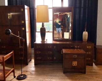 Drexel heritage campaign bedroom suite includes Long dresser, tall chest, two nightstands, king bed headboard