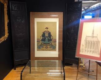 Huge Chinese ancestor portrait painting, Pace coffee table, Chinese antique panels, antique engraving of St. Chapelle.