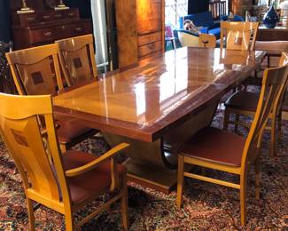 Handsome Art Deco style dining room table with six chairs, 1 leaf & pads. Probably Italian, the condition is very good!