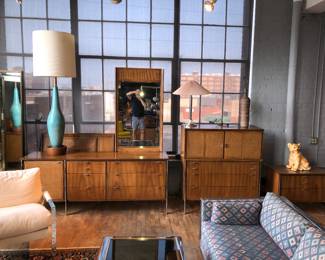 Mid Century Modern cane & walnut bedroom suite: includes long dresser with mirror, tall chest, 1 nightstand, pair of twin beds.
