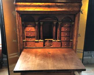 Biedermeier drop front desk, secretaire abattant. On dollies for easy moving.