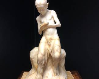 Very cool 1907 carved marble sculpture of a young Satyr, Faun or Pan gazing at his reflection in a mirror, signed H. Bauer. About 2.5 feet tall.