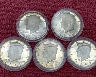 5 Kennedy Half Dollar Proof Clad 1978-S, 1979-S, 1995-S, 1996-S & 1997-S