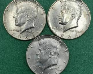 3 1964 Kennedy Half Dollars Brilliant White from Unc Roll 90% Silver