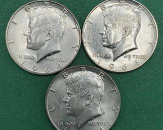 3 1964 Kennedy Half Dollars Brilliant White from Unc Roll 90% Silver