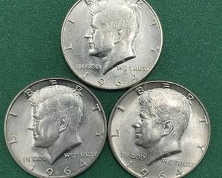 3 1964 Kennedy Half Dollars Brilliant White from Unc Roll 90% Silver