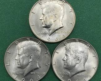 3 1964 Kennedy Half Dollars Brilliant White from Unc Roll 90% Silver