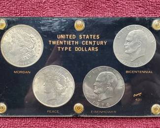 4 Silver Dollars Old Type Set 1921 Morgan, 1923 Peace and 2 Ike Dollars