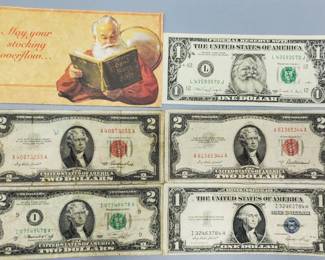 5 Bills 1 1988 Santa Note, 2-1953 Red Label $2, 1-1976 $2 &1-1935 Silver Certificate