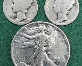 1916-S & 1918 Mercury Dimes and 1945 Walking Liberty Half Dollar 90% Silver