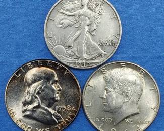3 90% Silver Half Dollars Walking Liberty Franklin & Kennedy