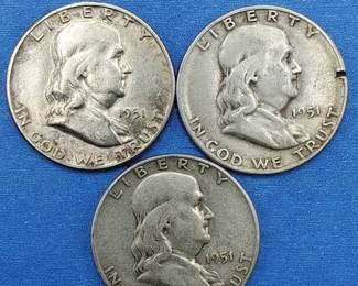 3 1951-S Franklin Half Dollars 90% Silver
