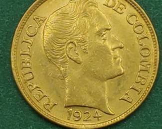 1924 Columbia Cinco Pesos Gold Coin, 7.9881g, .2355 Toz Actual Gold Weight