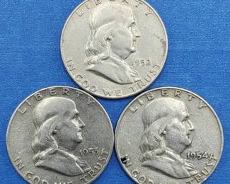 3 Franklin Half Dollars-1952-D, 1953-D & 1954-D 90% Silver