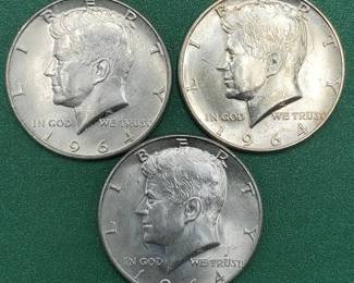 3 1964 Kennedy Half Dollars Brilliant White from Unc Roll 90% Silver