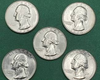 5 90% Silver Brilliant Washington Quarters from BU Rolls