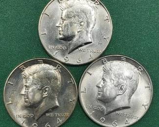 3 1964 Kennedy Half Dollars Brilliant White from Unc Roll 90% Silver
