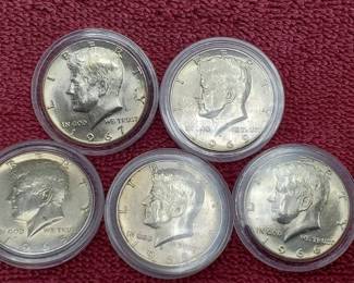 5 40% Silver Kennedy Half Dollars in Airtites Unc