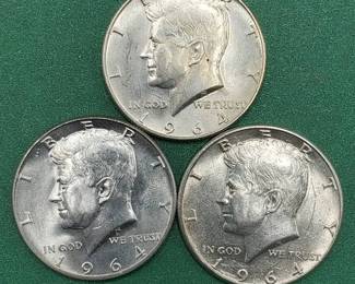 3 1964 Kennedy Half Dollars Brilliant White from Unc Roll 90% Silver