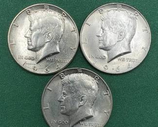 3 1964 Kennedy Half Dollars Brilliant White from Unc Roll 90% Silver